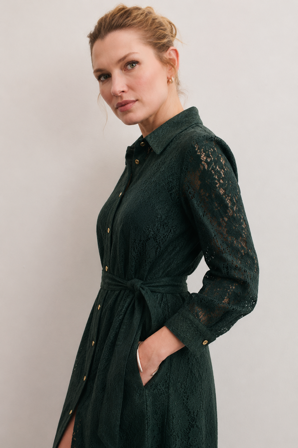 Women Green Shirt Lace Dress