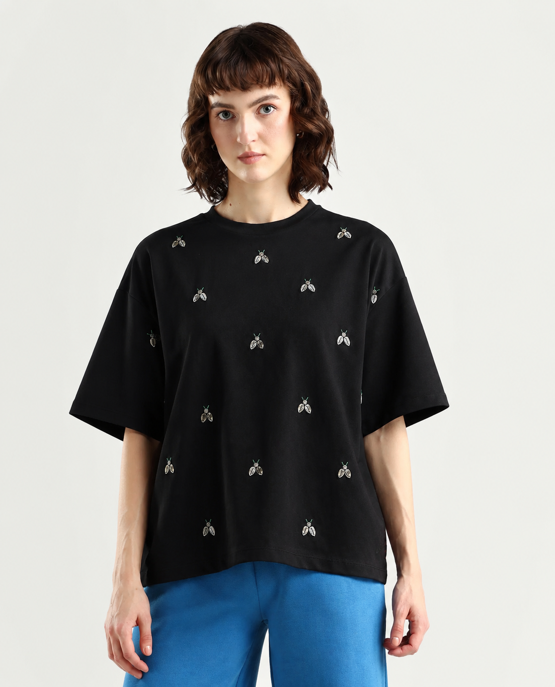 Women Black Embellished Tshirt