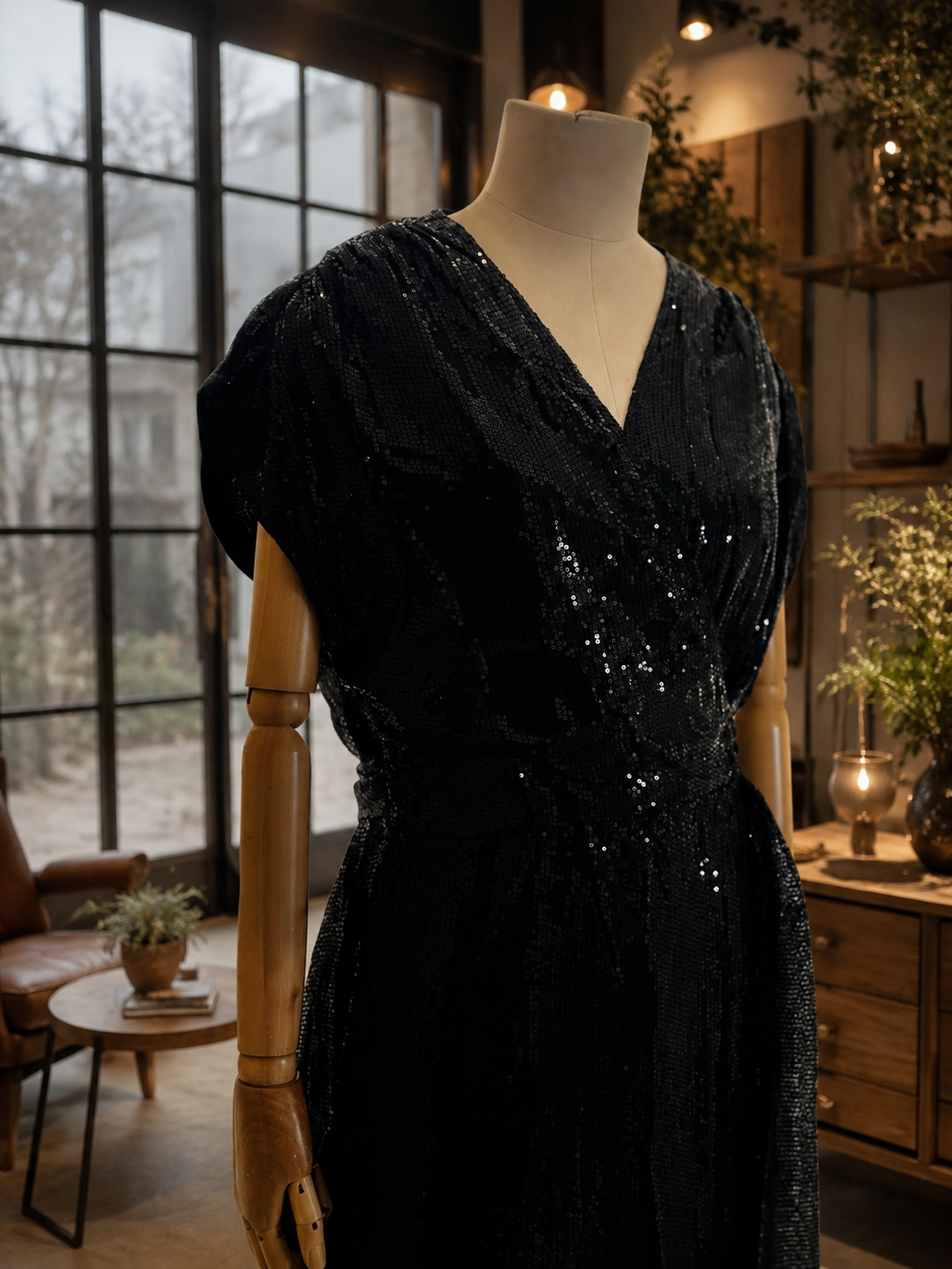 Women Black Sequins Wrap around Dress