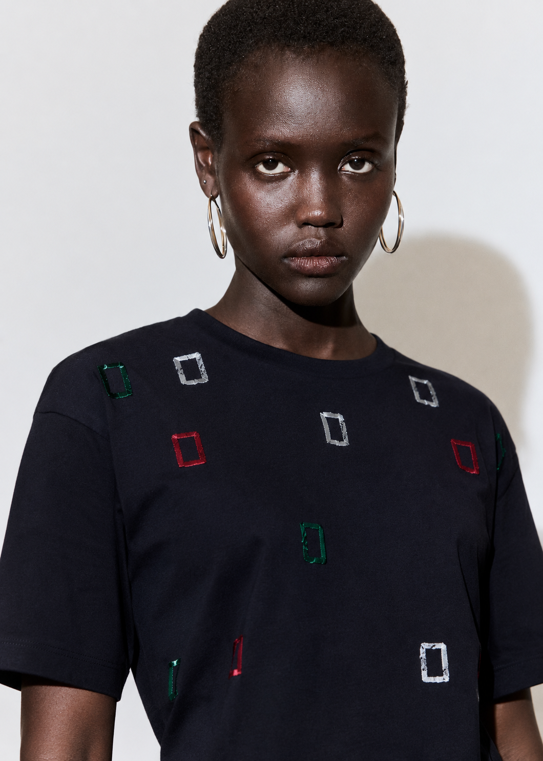 Women Black Embellished Box Fit Tshirt