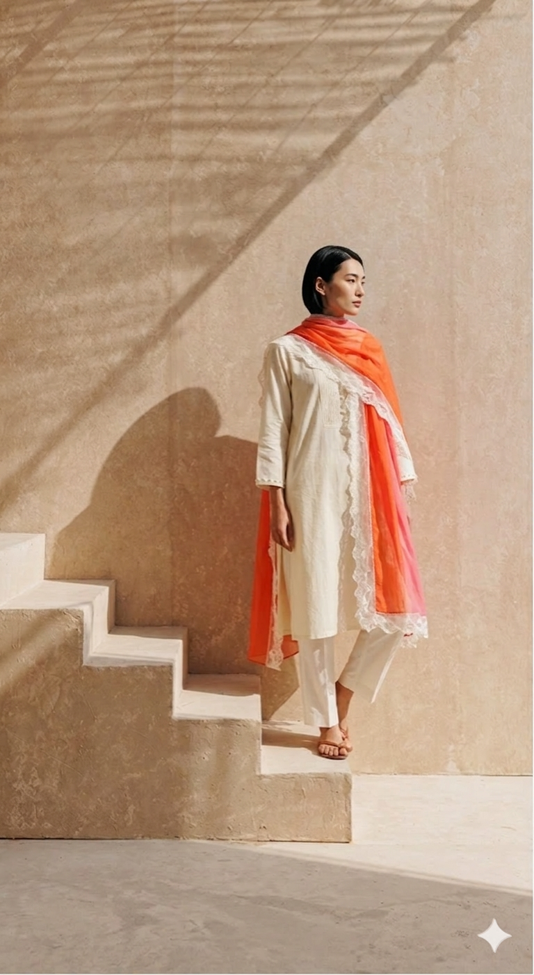 Women Cream Kurta Set with Dupatta