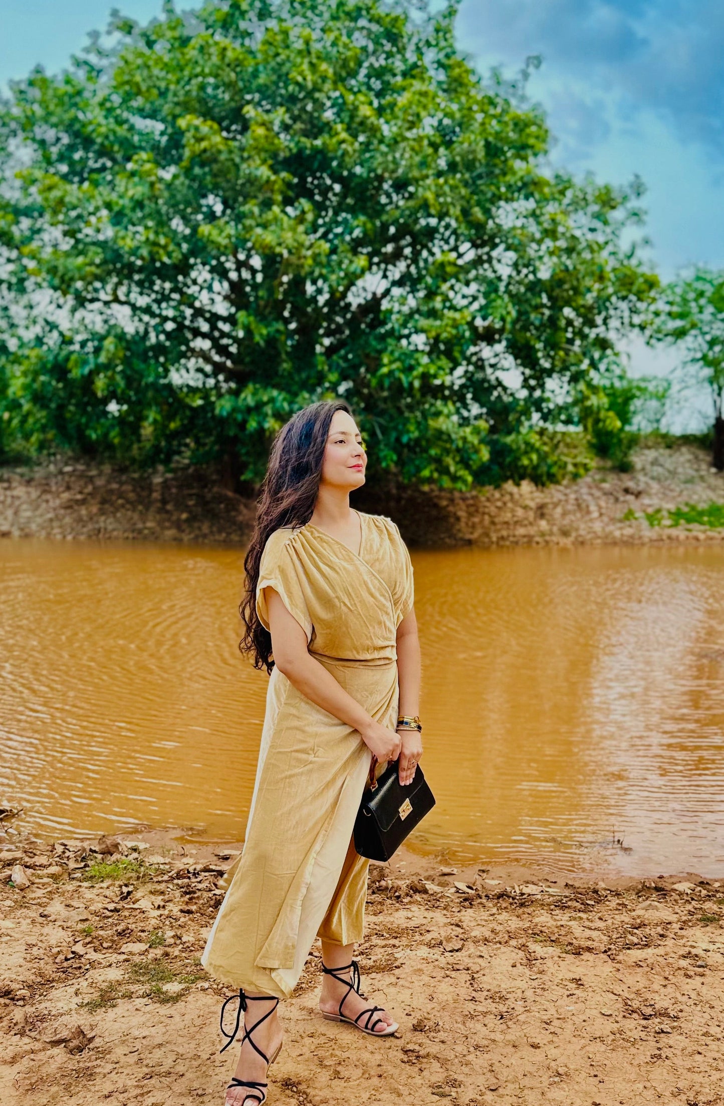 Women Beige Velvet Beige Wrap Dress - Ziona MuL