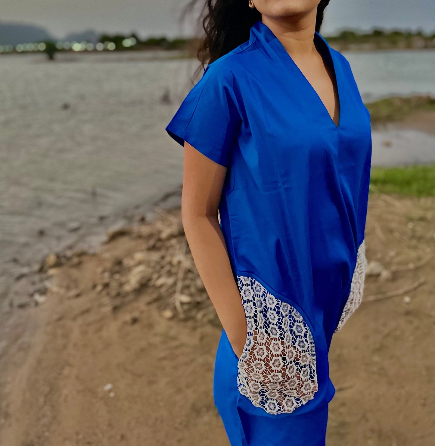 Women Electric Blue Sustainable Cotton Shift Midi Dress - Ziona MuL