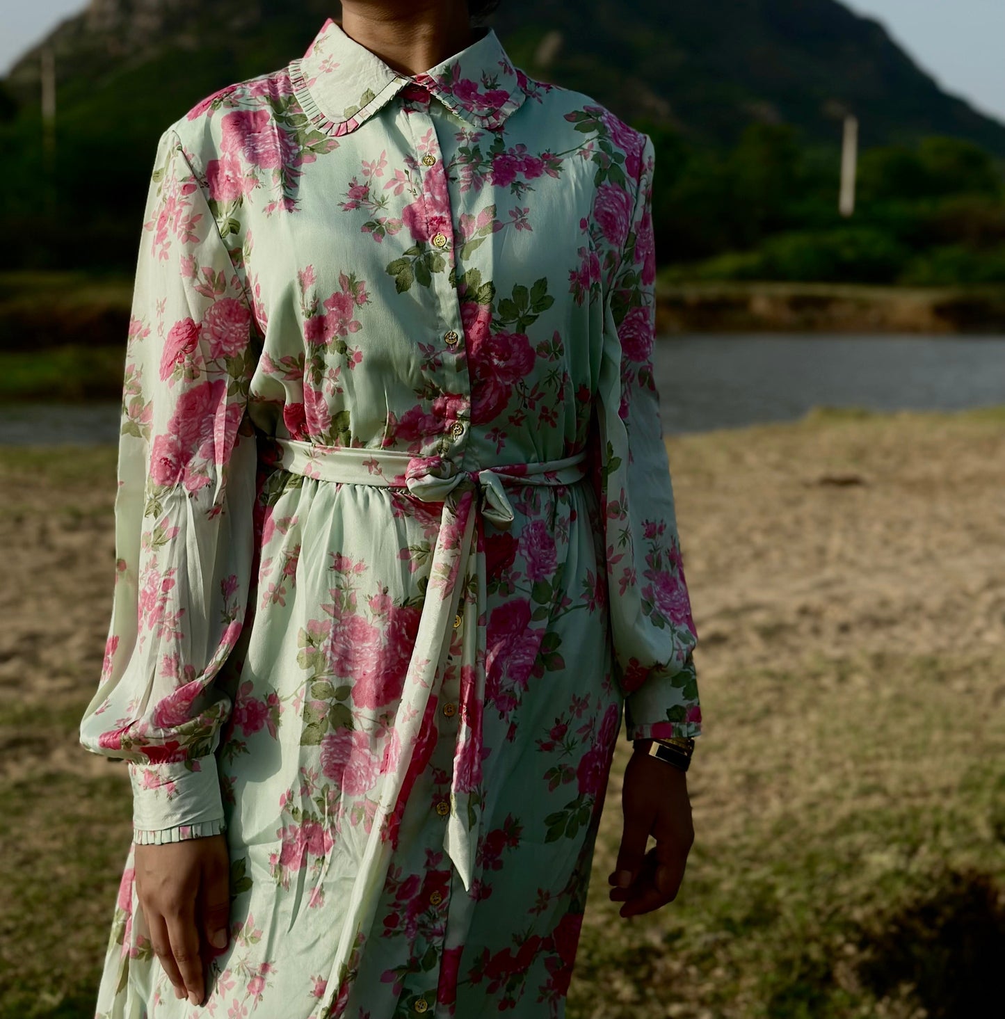 Women Green & Pink Floral Shirt dress - Ziona MuL