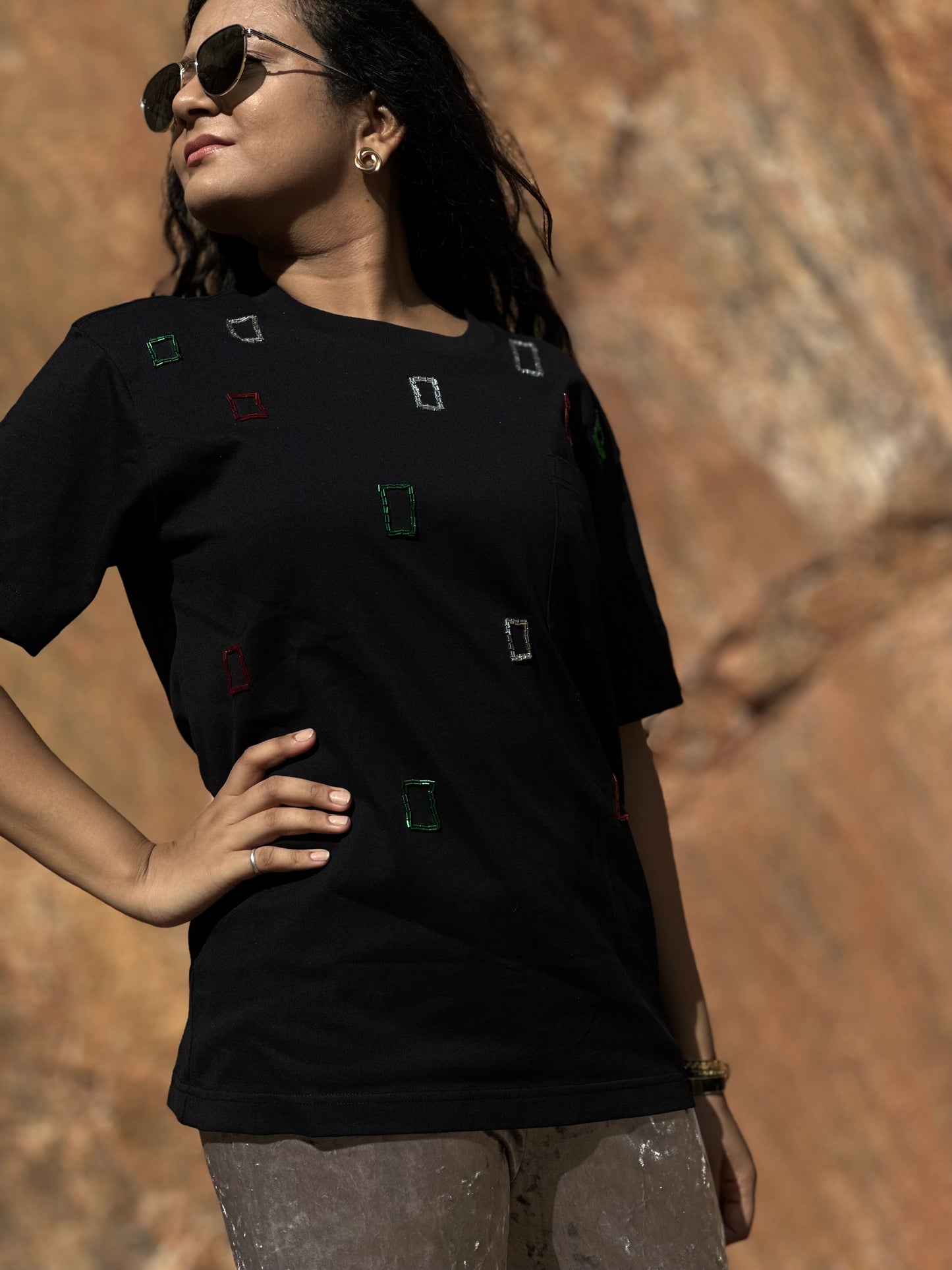 Women Black Embellished Box Fit Tshirt