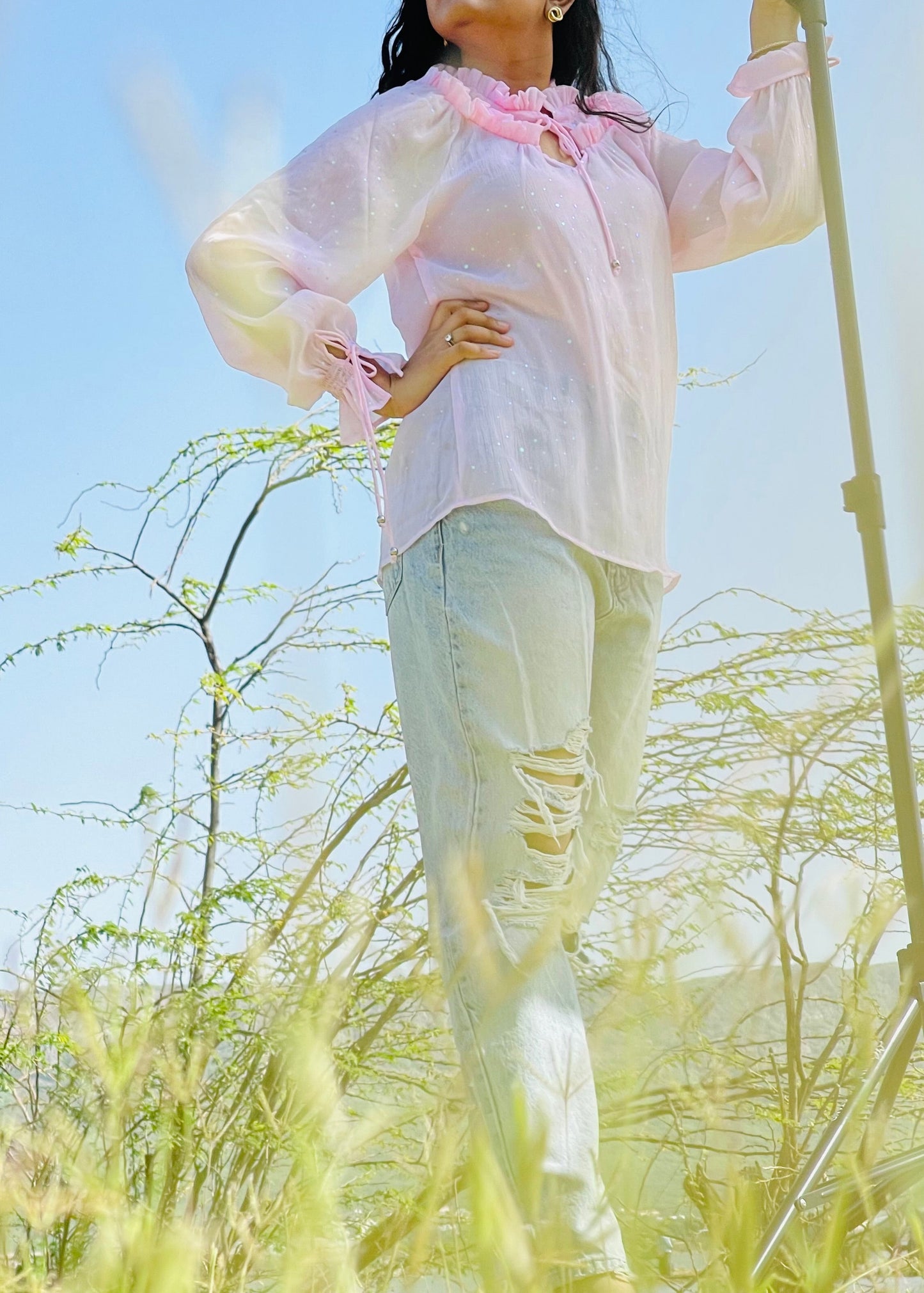 Women Pink Tie up Neck Ruffles Top - Ziona MuL