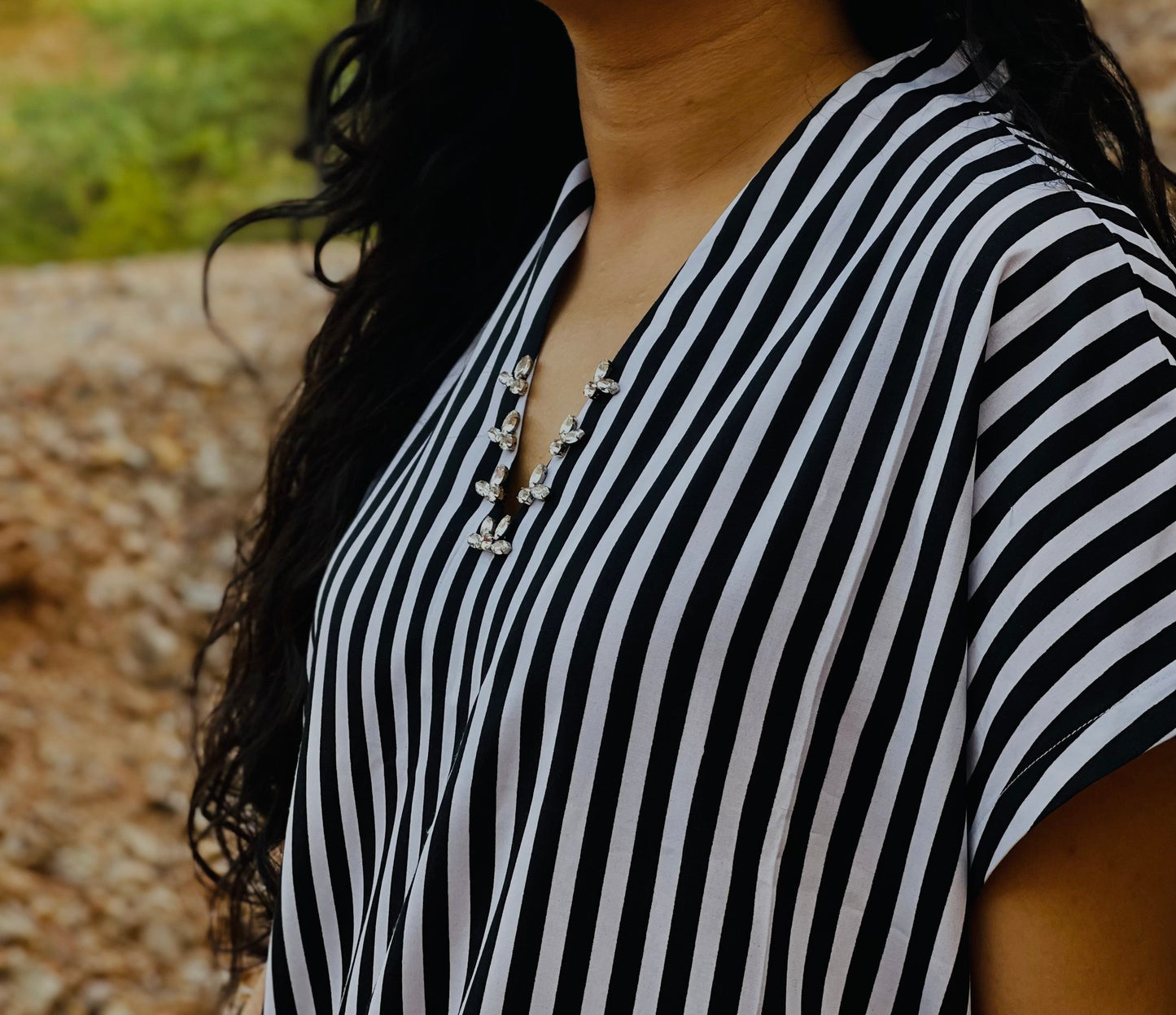 Women Black and White Striped Sustainable Cotton Embellished Shift Midi Dress - Ziona MuL