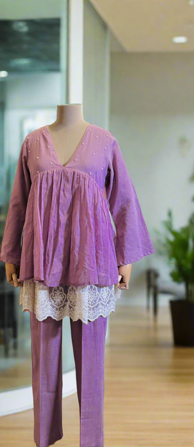 Women Lilac V-neck Pleated Co-ord Set