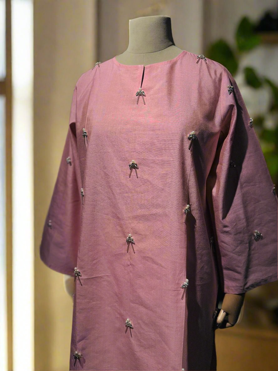 Women Baker Miller Pink Handwork Embellished Kurta Set