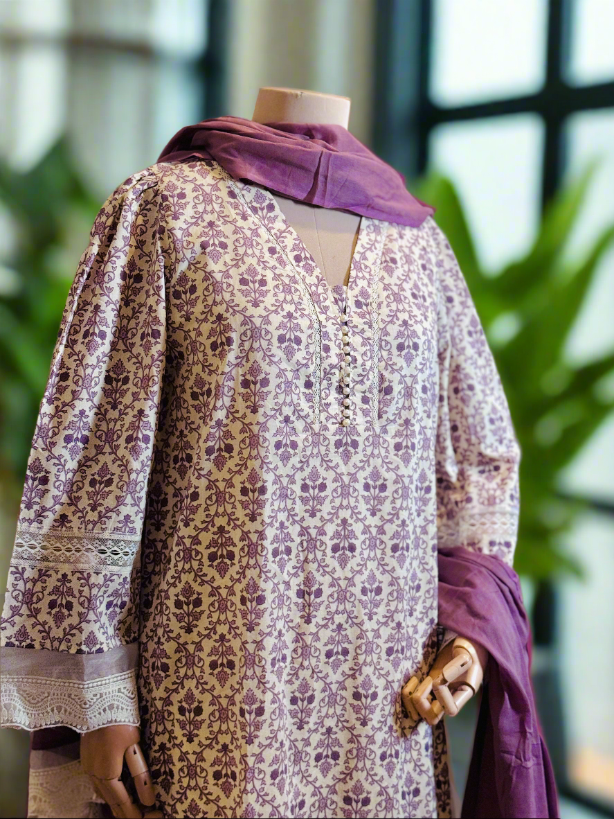 Women Cotton Purple Kurta Set with Dupatta