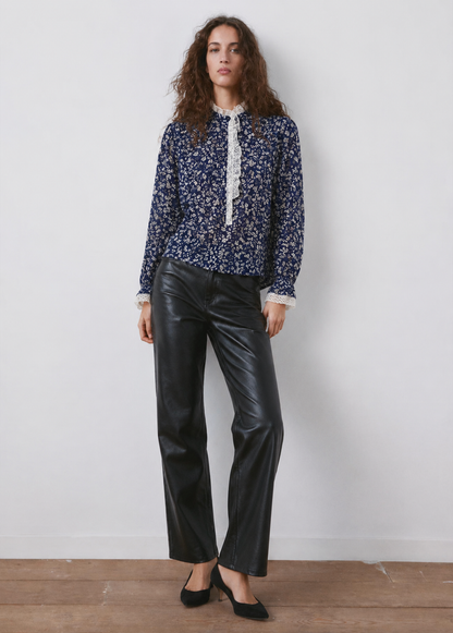 Women Printed Mandarin Collar Ruffled Top