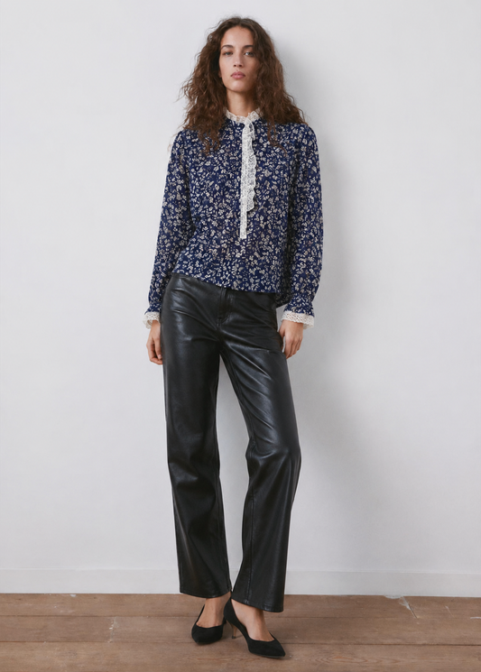 Women Printed Mandarin Collar Ruffled Top