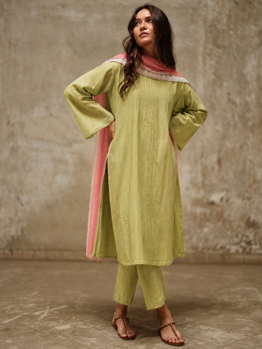 Women Green and Pink Kurta Set with Dupatta