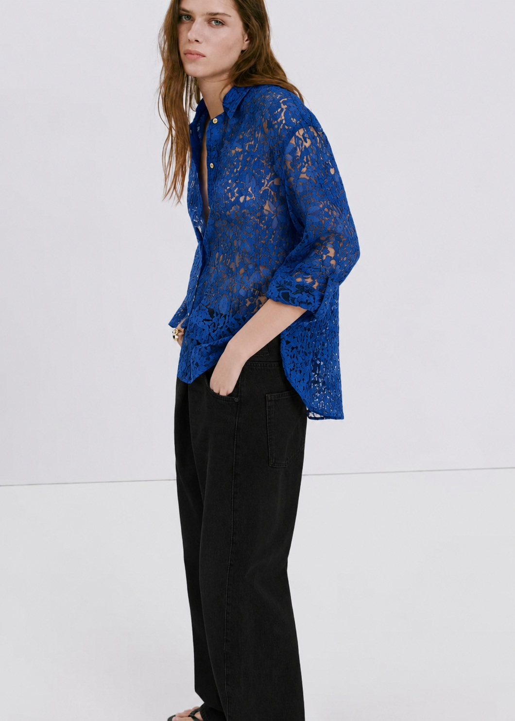 Women Navy Blue Lace Shirt