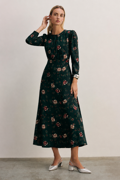 Women Green Floral Flounce Midi Fit&Flare Dress