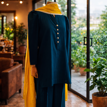 Women Embellished Teal Blue Kurta Set with Dupatta
