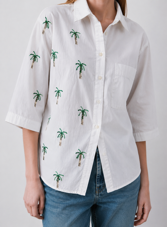 Women White Cotton Embroidered Shirt with Patch Pocket