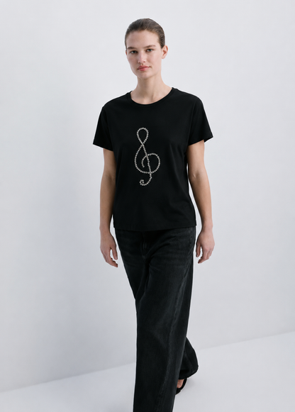 Women Black Embellished Tshirt