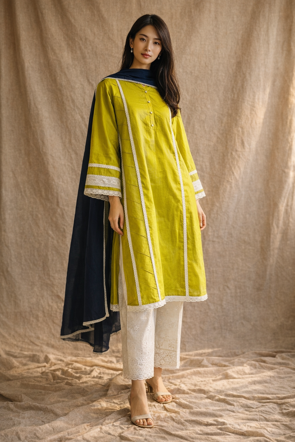 Women Light Green Lace Detailed Kurta Set with Dupatta
