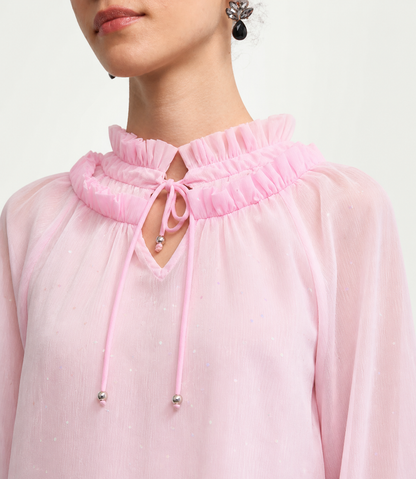 Women Pink Tie up Neck Ruffles Top