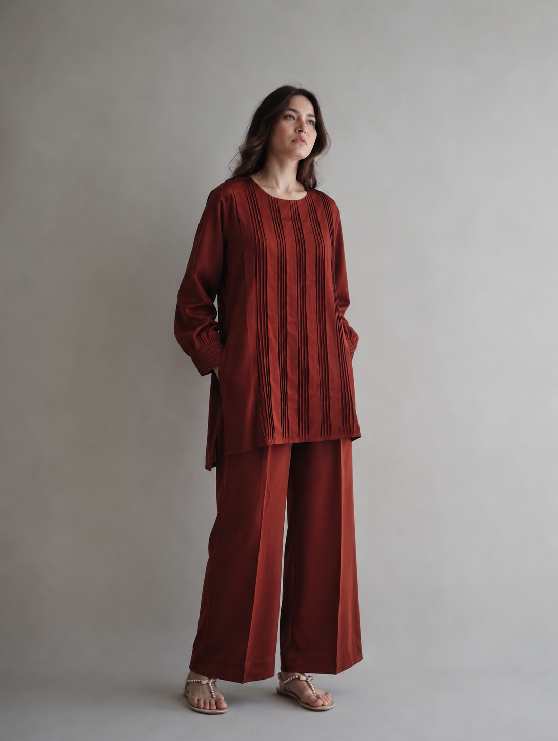 Women Brown Pleated Coord Set
