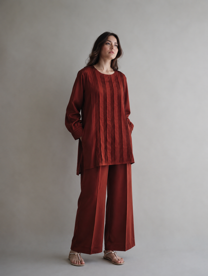 Women Brown Pleated Coord Set