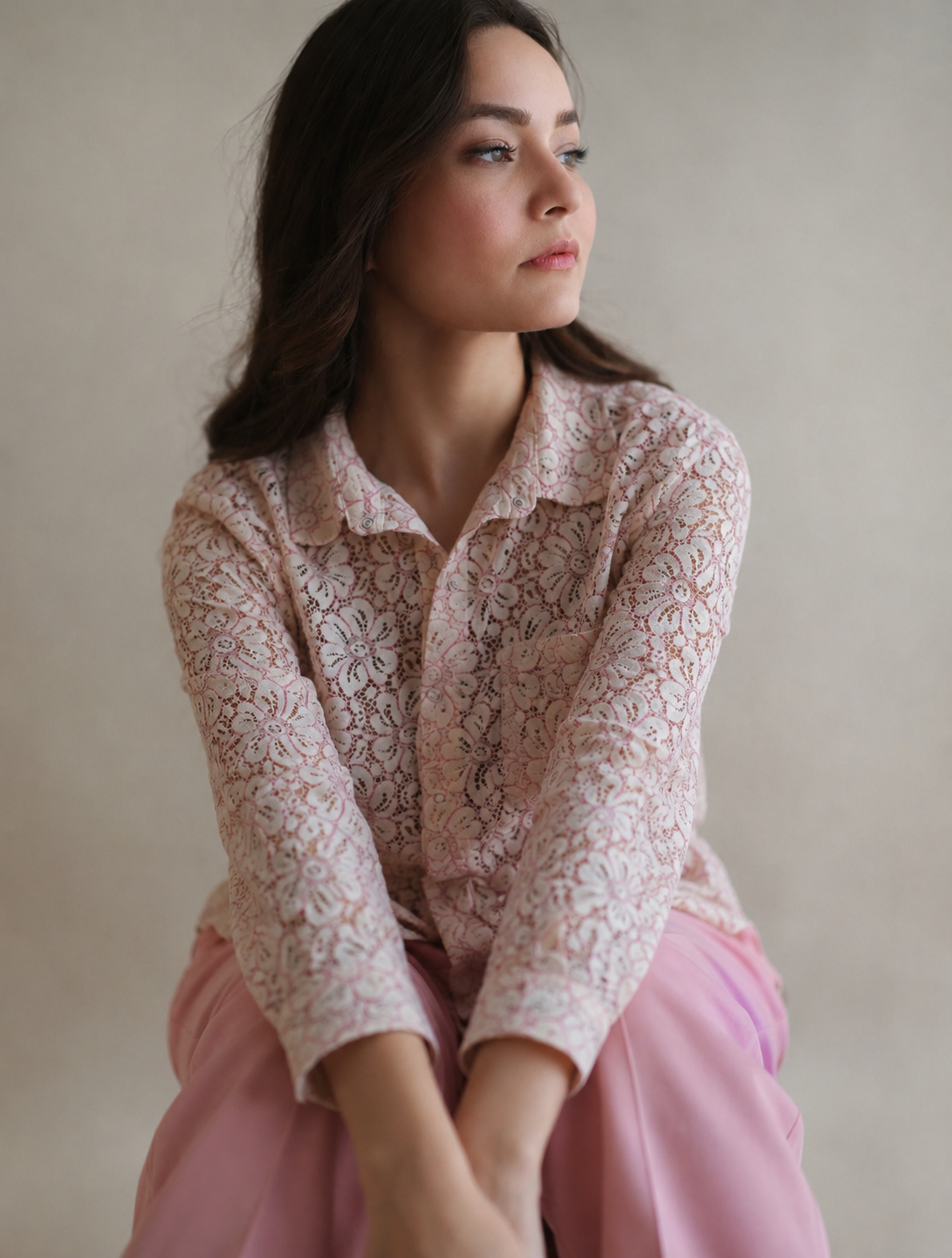 Women Off White Pink Lace Shirt and Bottom