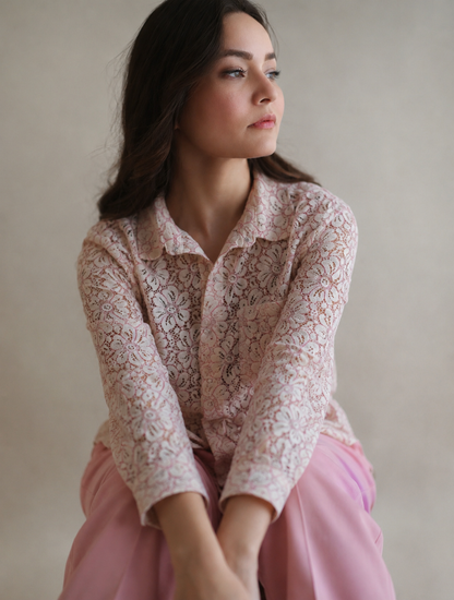 Women Off White Pink Lace Shirt and Bottom