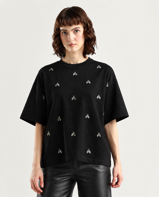 Women Black Embellished Tshirt