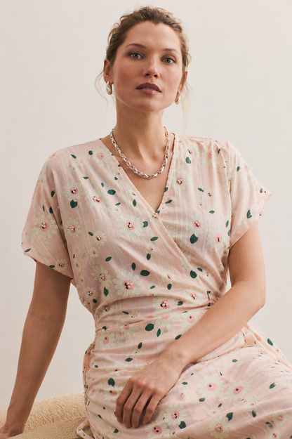 Women Pink Pearl Embellished  Wrap Dress