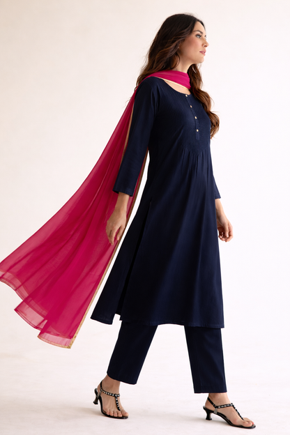 Women Navy Blue Kurta Set with Dupatta