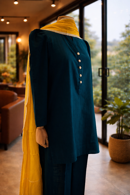 Women Embellished Teal Blue Kurta Set with Dupatta