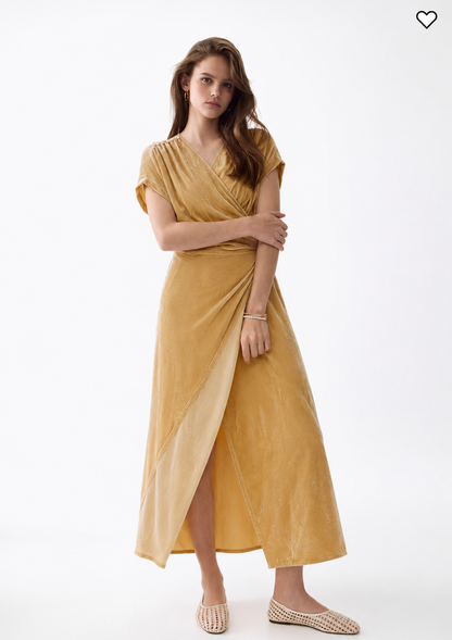 Women Beige Velvet Beige Wrap Dress