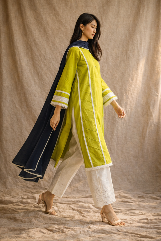 Women Light Green Lace Detailed Kurta Set with Dupatta
