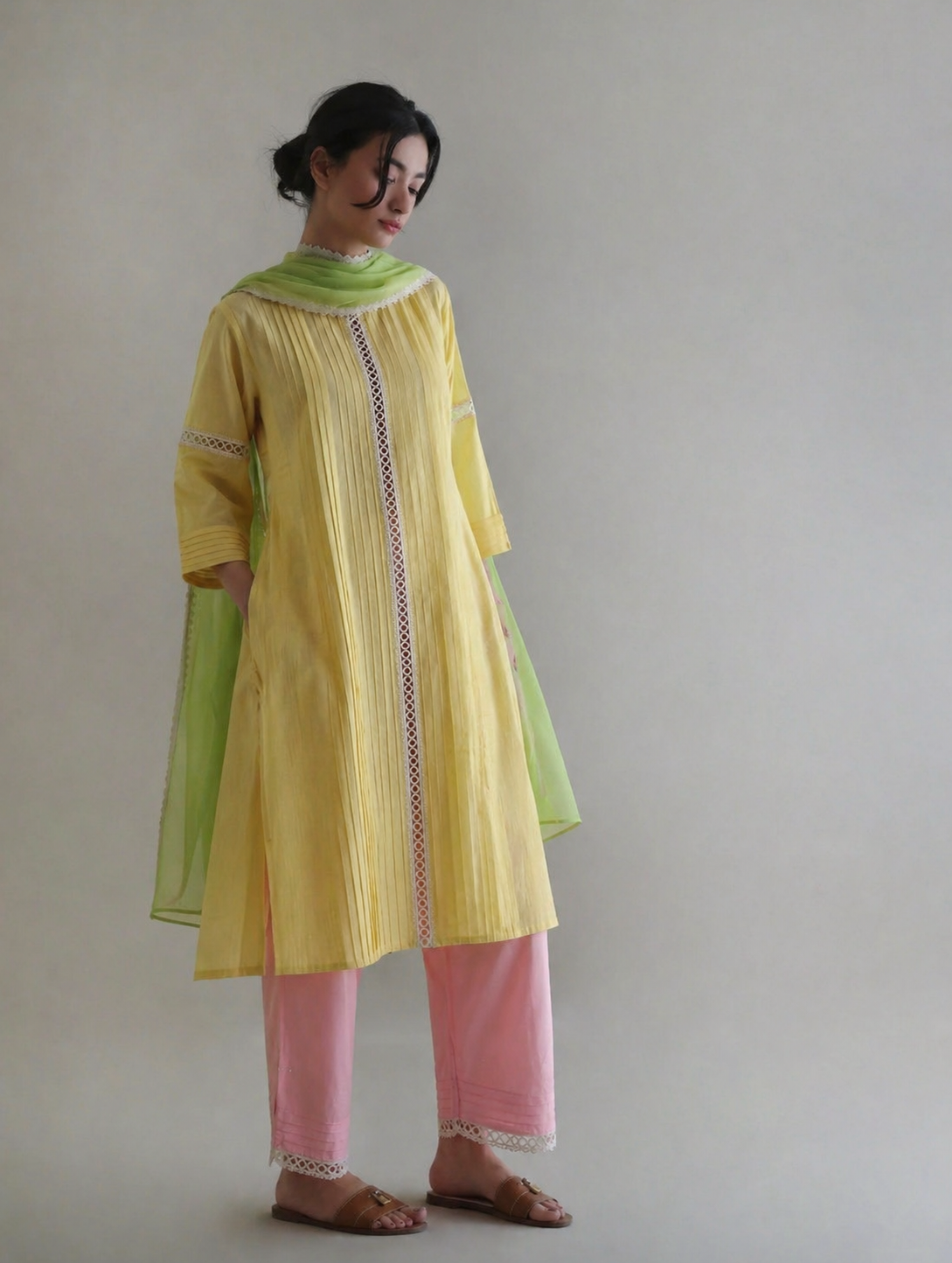 Women Yellow Cotton Kurta Set with Dupatta
