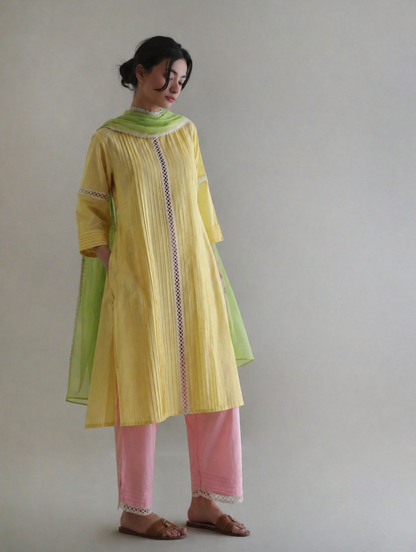 Women Yellow Cotton Kurta Set with Dupatta