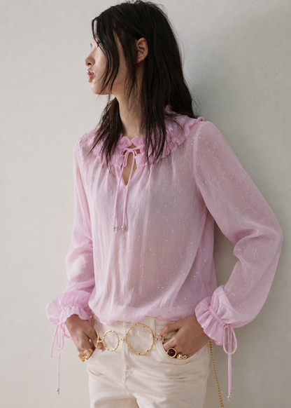 Women Pink Tie up Neck Ruffles Top