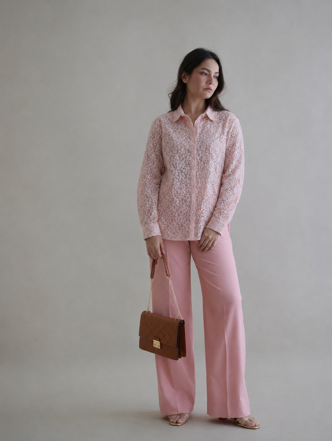 Women Off White Pink Lace Shirt and Bottom