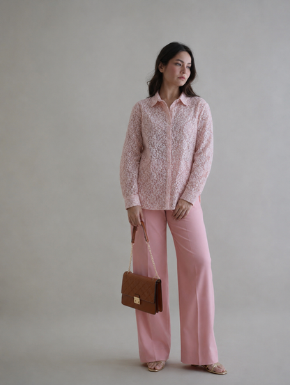 Women Off White Pink Lace Shirt and Bottom