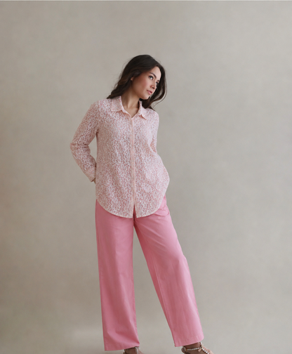 Women Off White Pink Lace Shirt and Bottom
