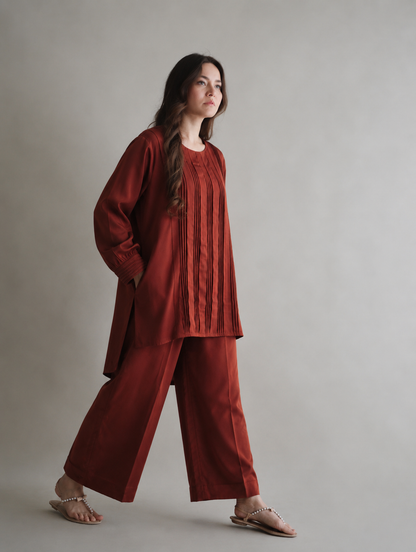 Women Brown Pleated Coord Set