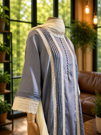 Women Grey Lace Kurta Set with Dupatta