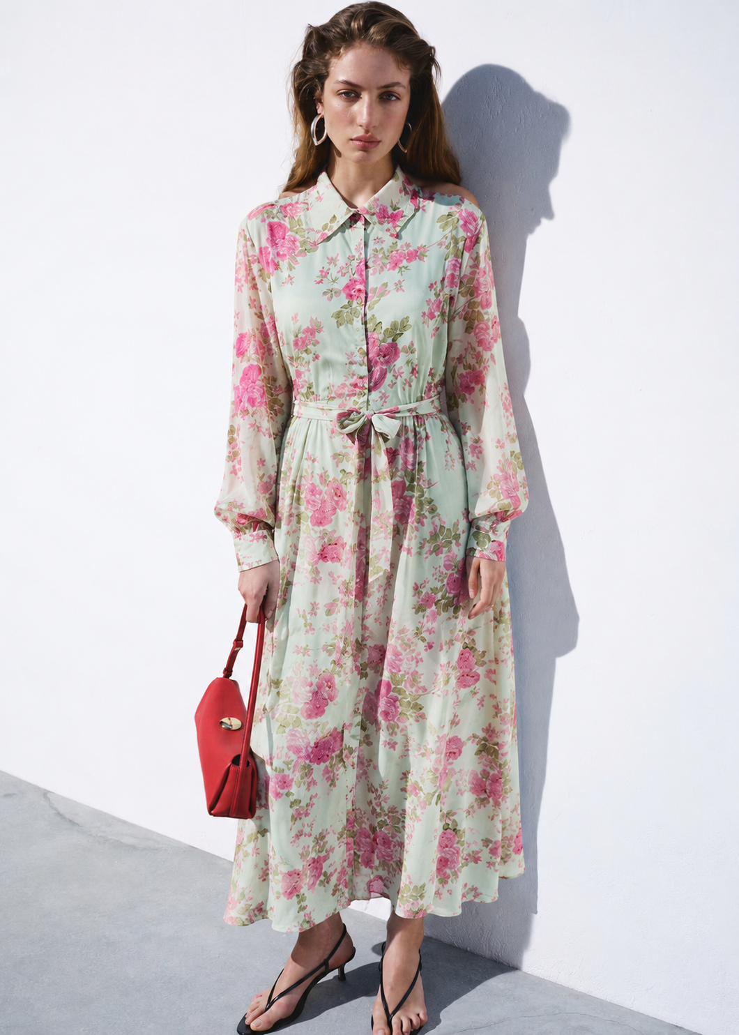 Women Green & Pink Floral Shirt dress