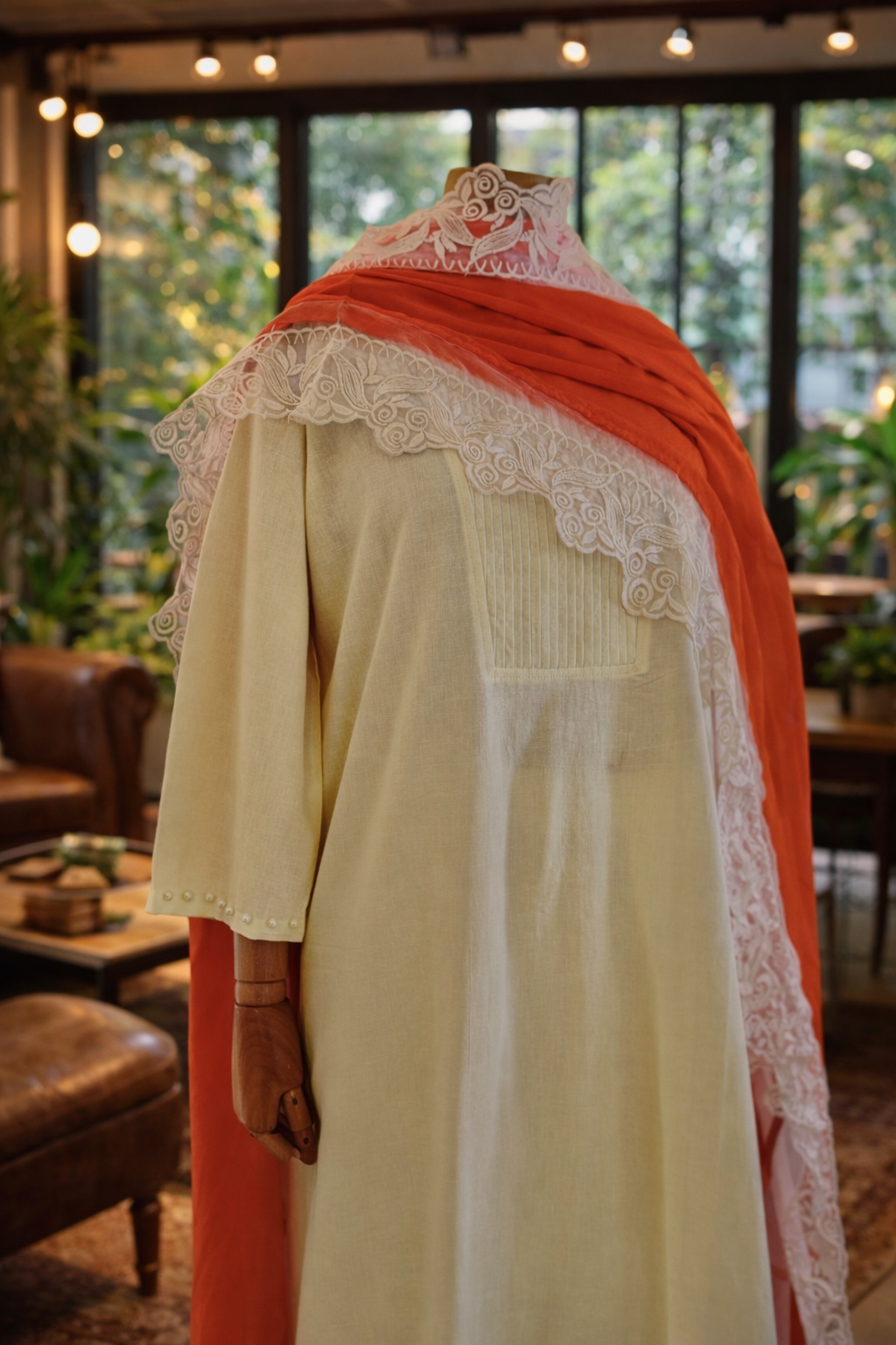 Mannequin wearing a light-colored outfit with lace details and an orange shawl in a room with plants and furniture.