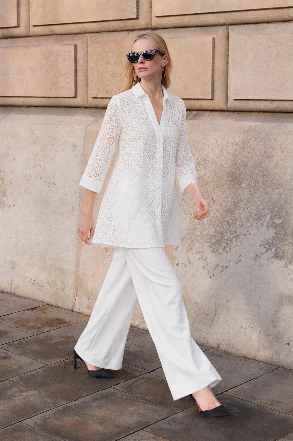 Women White Lace Top and Trouser Set