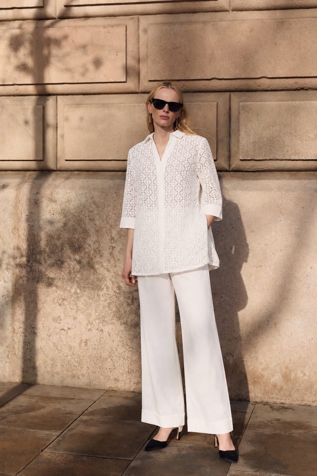 Women White Lace Top and Trouser Set