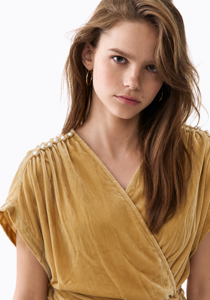 Women Beige Velvet Beige Wrap Dress