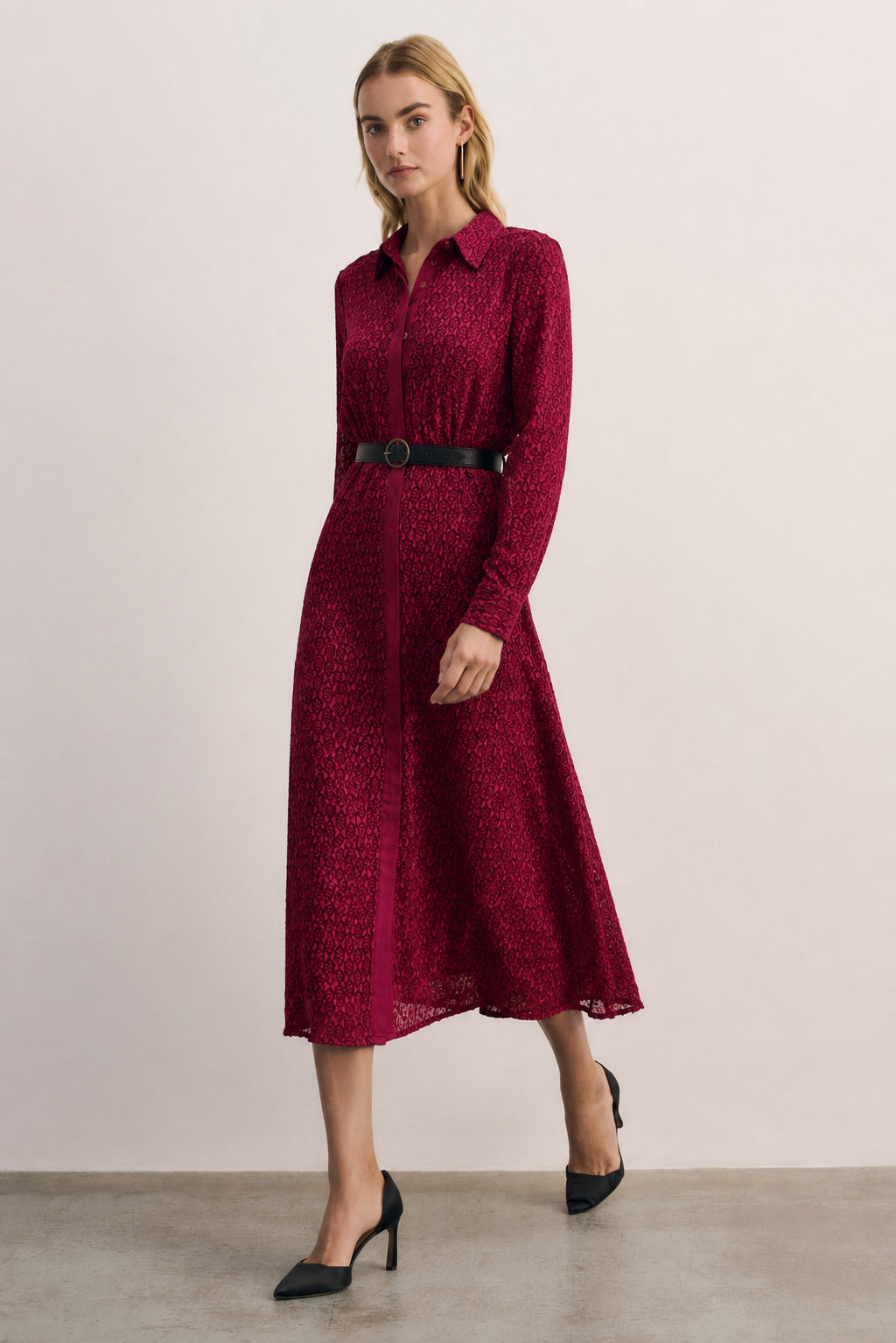 Women Maroon Embroidered Shirt Midi Dress