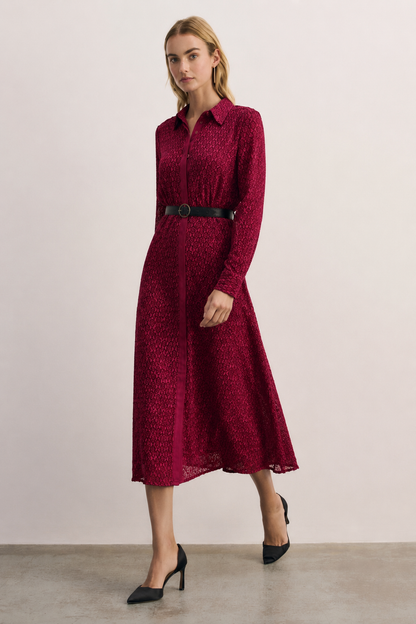 Women Maroon Embroidered Shirt Midi Dress
