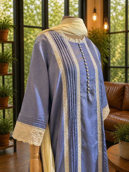 Women Grey Lace Kurta Set with Dupatta